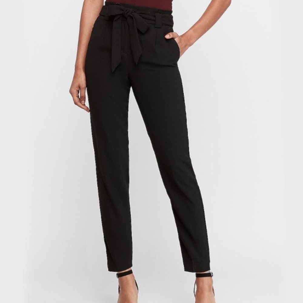 Express Black  High Waisted Belted Linen-Blend Paperbag Ankle Pant